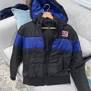 Wild Collective NY Giants Embroidered Hooded Puffer Jacket - Black & Blue